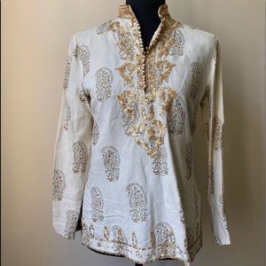 Carole Little Block Print Linen Indian Tunic Blouse Sequins Gold Print Cream